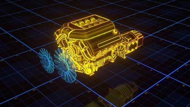 Working Car Engine Scheme with chassis and wheels 3d render
