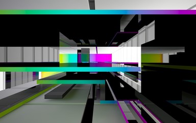 Abstract black and colored gradient glasses interior multilevel public space with window. 3D illustration and rendering.