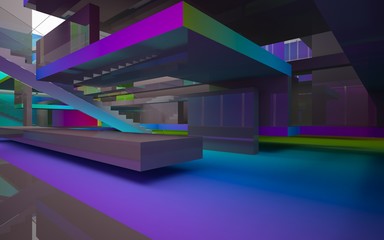 Abstract brown and colored gradient glasses interior multilevel public space with window. 3D illustration and rendering.