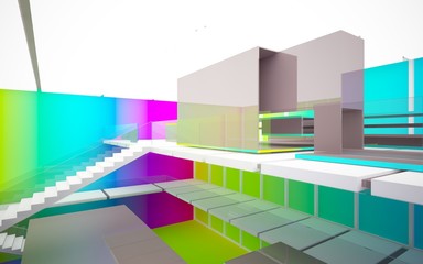 Abstract brown and colored gradient glasses interior multilevel public space with window. 3D illustration and rendering.