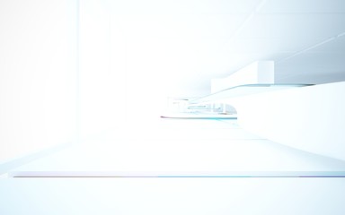 White smooth abstract architectural background whith colored gradient lines . 3D illustration and rendering