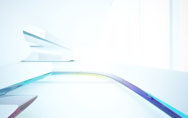 White smooth abstract architectural background whith colored gradient lines . 3D illustration and rendering