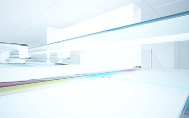 White smooth abstract architectural background whith colored gradient lines . 3D illustration and rendering