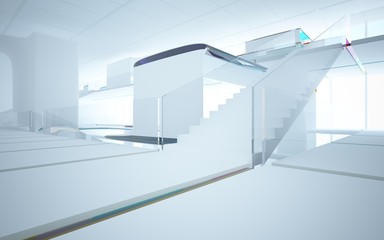 White smooth abstract architectural background whith colored gradient lines . 3D illustration and rendering