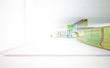 Naklejka premium abstract architectural interior with colored smooth glass sculpture. 3D illustration and rendering