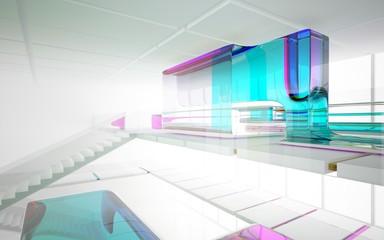 abstract architectural interior with colored smooth glass sculpture. 3D illustration and rendering