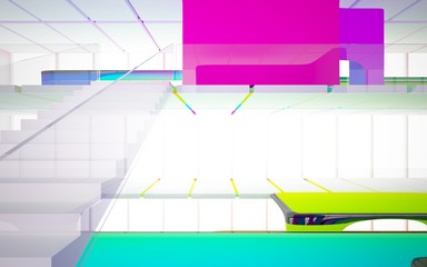 abstract architectural interior with colored smooth sculpture. 3D illustration and rendering