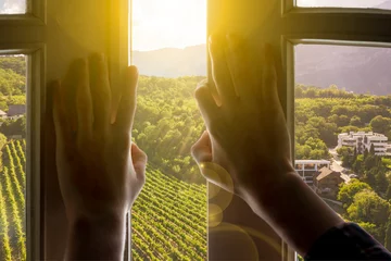 Schilderijen op glas window to the new life, hands open window with gorgeous landscape nature view on summer © Mihail