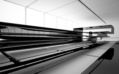 Obraz premium Abstract dynamic interior with black smooth objects and white room . 3D illustration and rendering