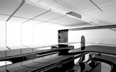 Abstract dynamic interior with black smooth objects and white room . 3D illustration and rendering