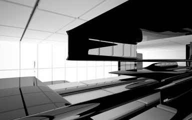 Abstract dynamic interior with black smooth objects and white room . 3D illustration and rendering