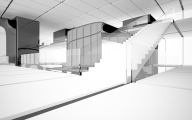 Abstract dynamic interior with black smooth objects and white room . 3D illustration and rendering