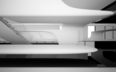 Abstract dynamic interior with white smooth objects and black room . 3D illustration and rendering