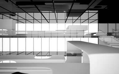 Abstract dynamic interior with white smooth objects and black room . 3D illustration and rendering