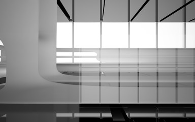 Abstract dynamic interior with white smooth objects and black room . 3D illustration and rendering