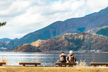 Autumn colors at Fujikawaguchiko - a Japanese resort town in the northern foothills of Mount Fuji. It surrounds Lake Kawaguchi, one of the scenic Fuji Five Lakes in Japan