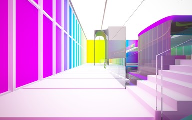 Abstract dynamic interior with colored gradient smooth objects and brown room . 3D illustration and rendering