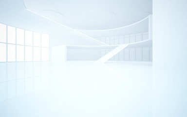 Abstract white interior multilevel public space with window. 3D illustration and rendering.