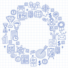 Vector set of bussines icons in doodle style. painted by penon a piece of paper in cage.