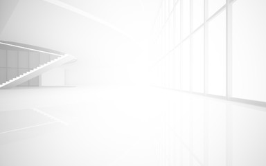 Abstract white interior multilevel public space with window. 3D illustration and rendering.