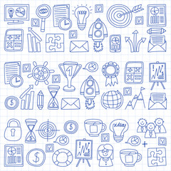 Vector set of bussines icons in doodle style. painted by penon a piece of paper in cage.