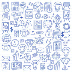 Vector set of bussines icons in doodle style. painted by penon a piece of paper in cage.