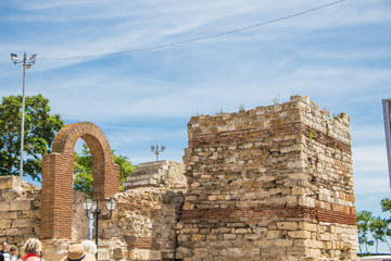 Ruins of an ancient temple complex in Nessebar. Old church ruin in Nessebar, ancient city on the Black Sea coast of Bulgaria.