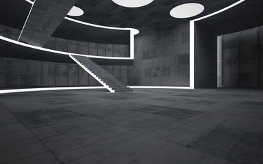 Abstract  concrete interior multilevel public space with neon lighting. 3D illustration and rendering.