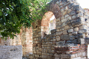 Ruins of an ancient temple complex in Nessebar. Old church ruin in Nessebar, ancient city on the Black Sea coast of Bulgaria.