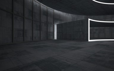 Abstract  concrete interior multilevel public space with neon lighting. 3D illustration and rendering.