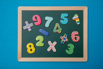 Green chalkboard with wooden frame, colorful math operation signs and numbers, blue background