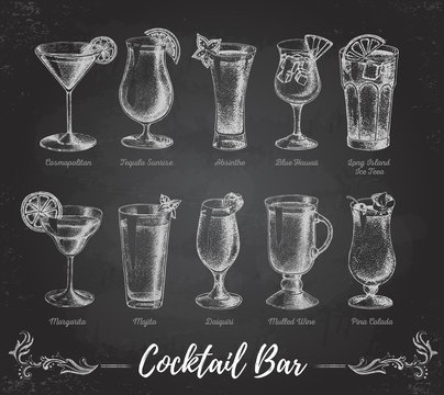 Vintage chalk drawing cocktail bar menu. Sketch art