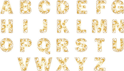 english alphabet. Capital letters with ornaments from circles of brown color