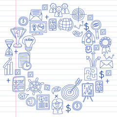 Vector set of bussines icons in doodle style. painted by penon a piece of paper in line.