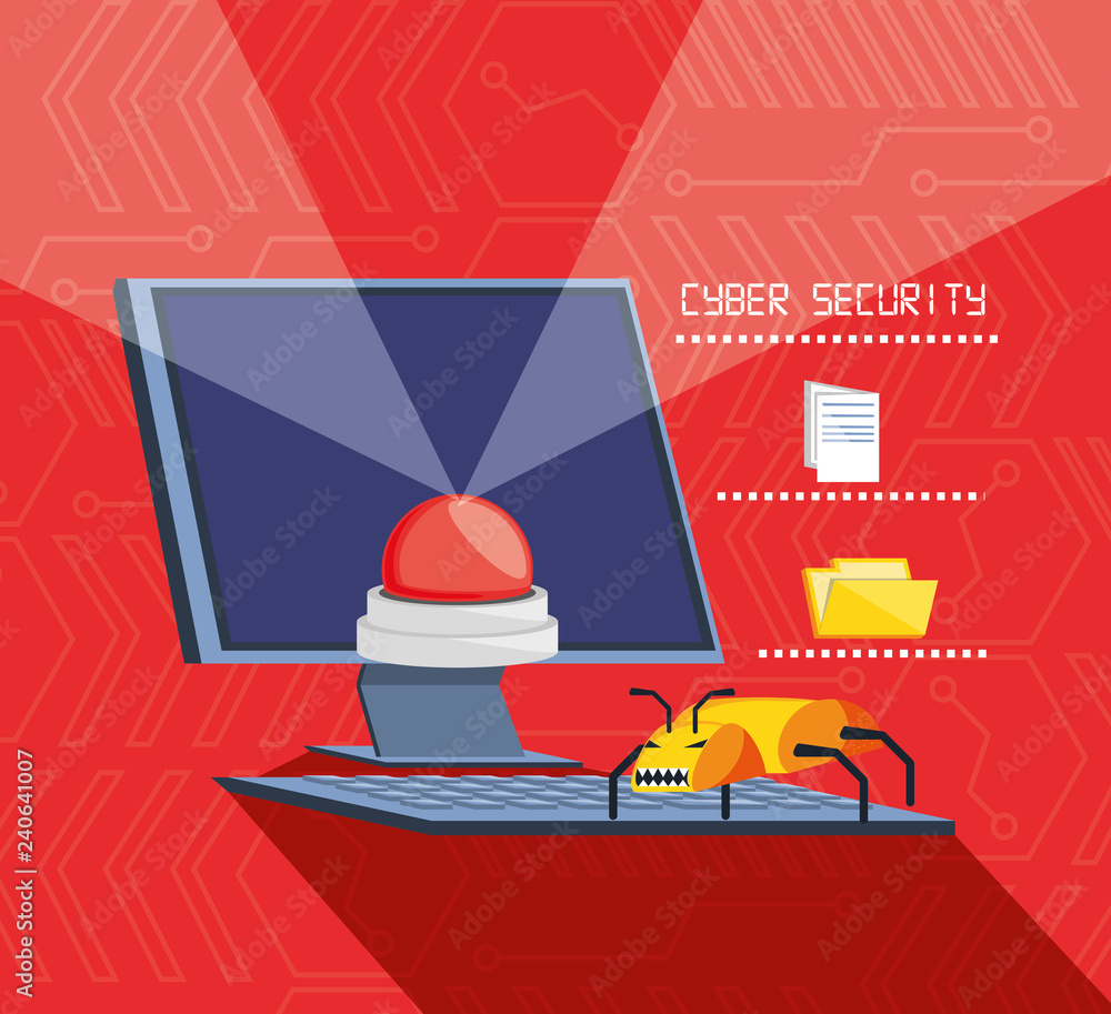 Poster desktop computer with set icons cyber security