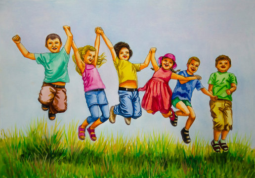 Watercolor painting - a group of children hold hands and jump on the grass