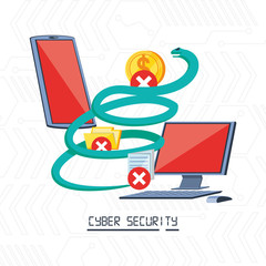 smartphone and desktop computer with icons cyber security