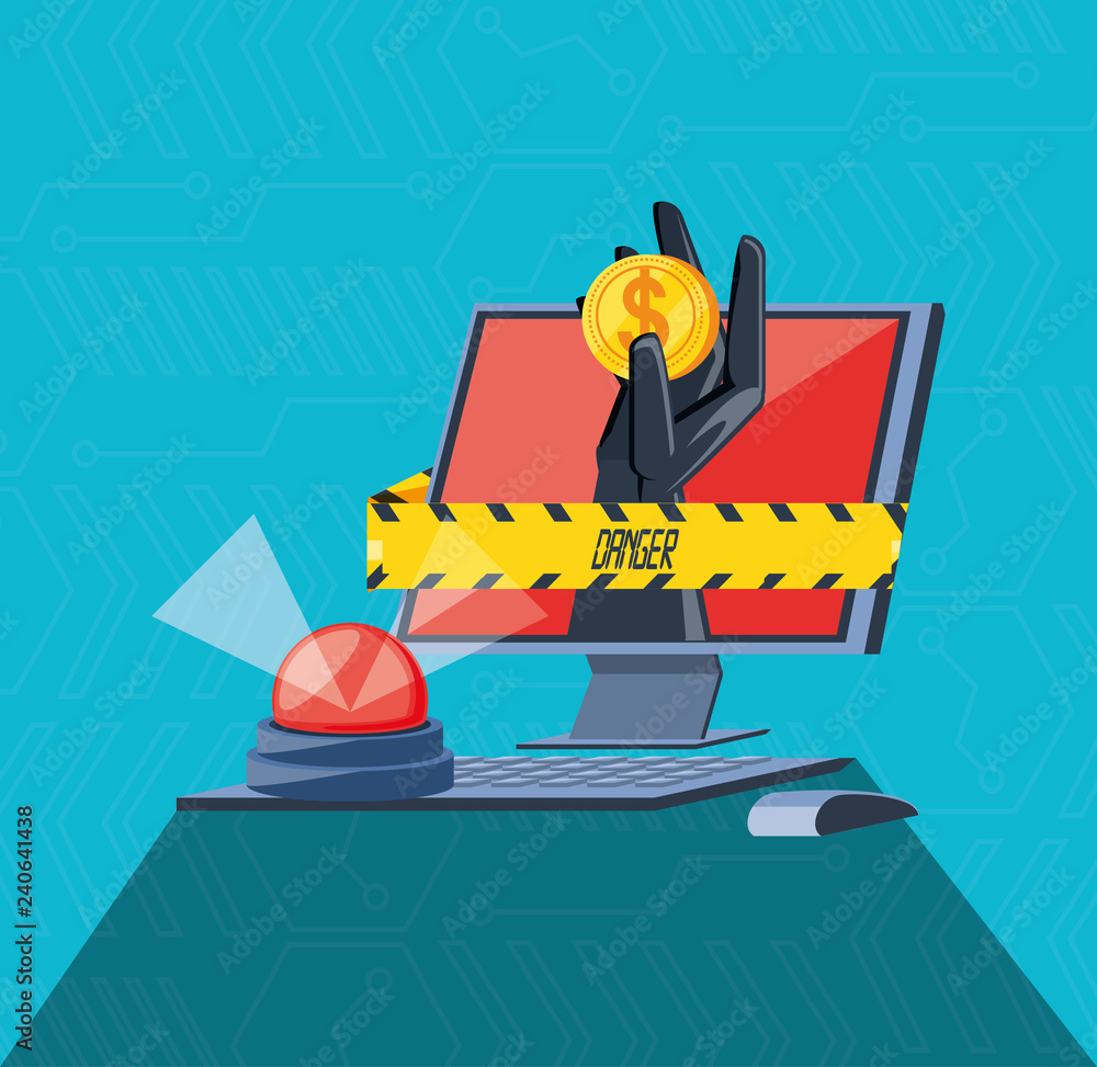 Poster desktop computer with set icons cyber security