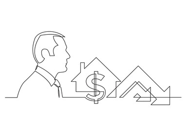 businessman thinking about crashing real estate market - continuous line drawing