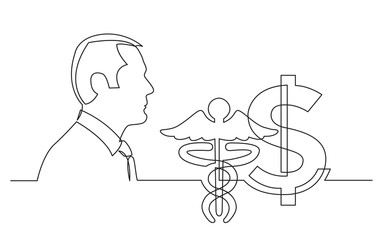 businessman thinking about health insurance cost - continuous line drawing