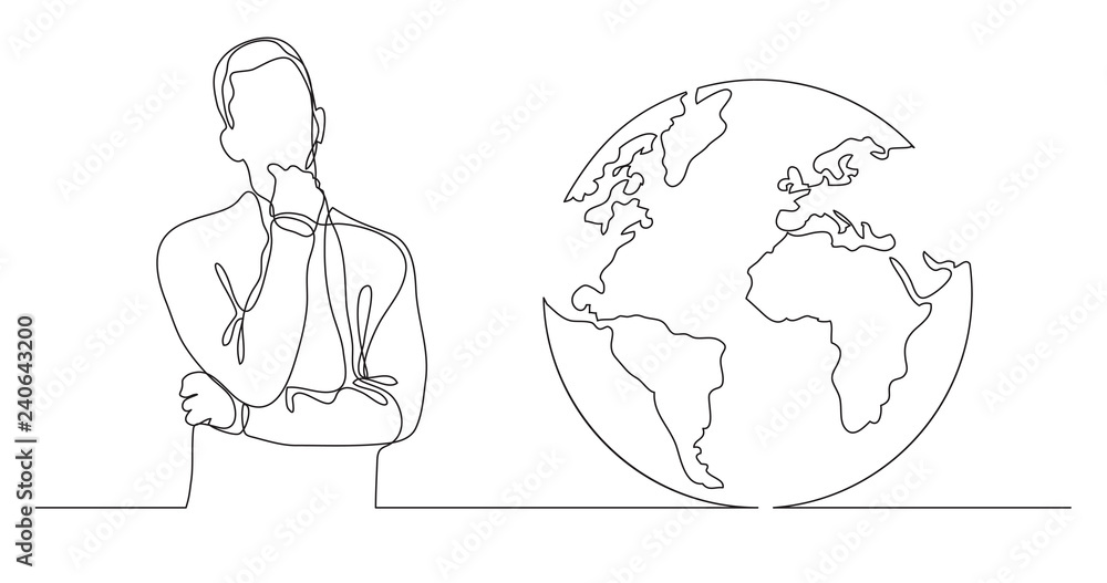 Poster man thinking about global issues - continuous line drawing
