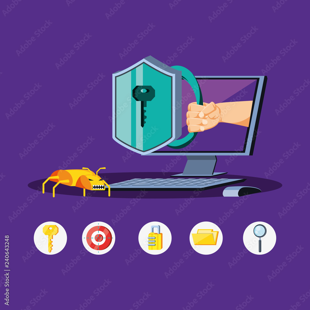 Poster desktop computer with icons cyber security