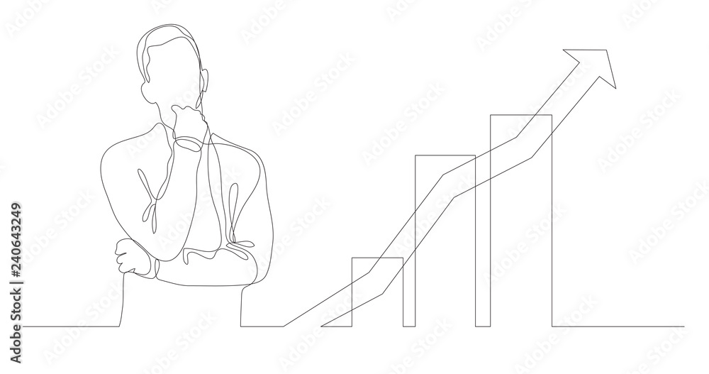 Wall mural man thinking about growing business - continuous line drawing