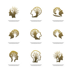 Fototapeta na wymiar Set of Brain with Tree Logo Design Concept, People Head with Tree Logo - Vector Illustration - Vector