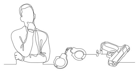 man thinking about gun violence - continuous line drawing