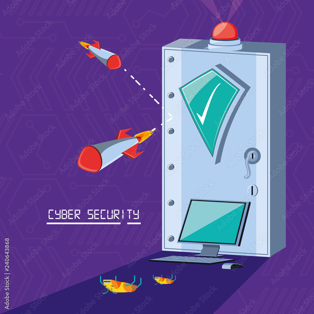 Poster safe box with set icons cyber security