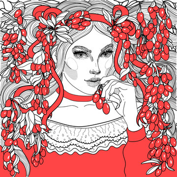 vector beautiful girl with long hair and ribbons, in a dress, bites a threat of red ripe berries