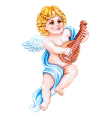 Angel with a musical instrument lute isolated on white background. Watercolor. Illustration. Template. Vintage. Card. Clipart. Close-up. Valentine's Day