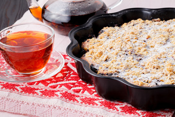 Traditional Homemade chocolate Christmas cake sprinkled with sugar powder, new year tree decoration with snow