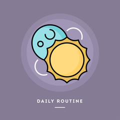 Daily routine, day and night, flat design thin line banner, usage for e-mail newsletters, web banners, headers, blog posts, print and more. Vector illustration.